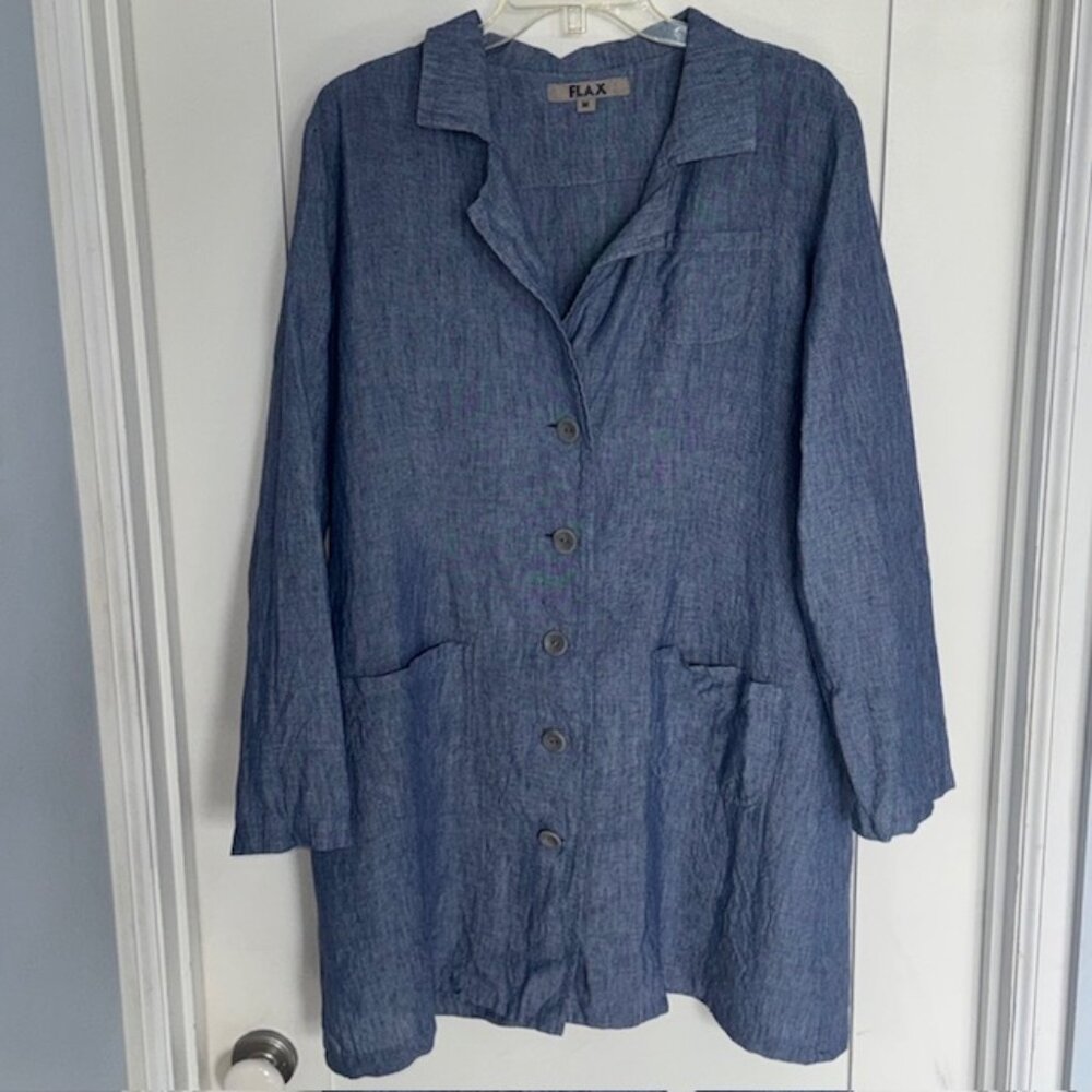 FLAX Blue Button Front Oversized Jacket Pockets 100% Linen Coastal Lagenlook